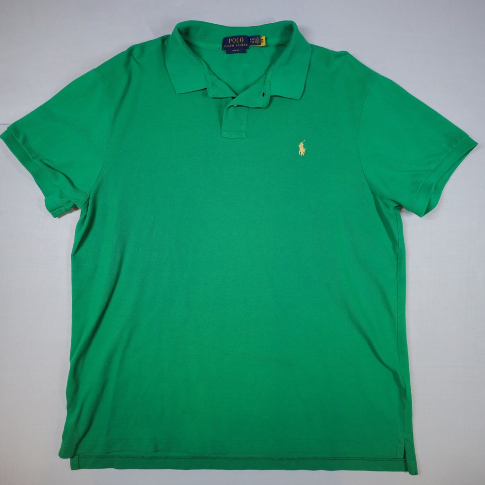 Polo Ralph Lauren Polo Shirt‎ Mens XXL Green Slim Fit Mesh Cotton Yellow Pony - Picture 2 of 7